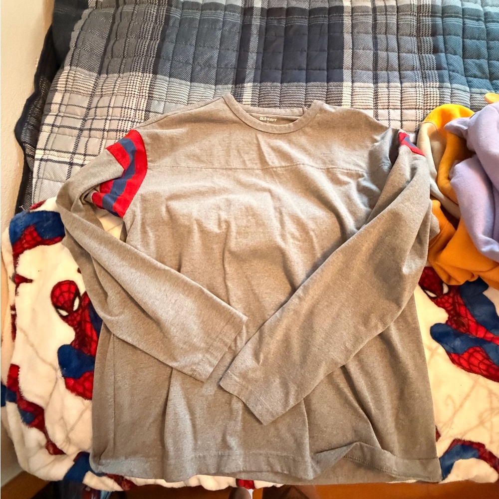 Old Navy Gray Long-Sleeve Crew with Red and Blue Sleeve Stripes